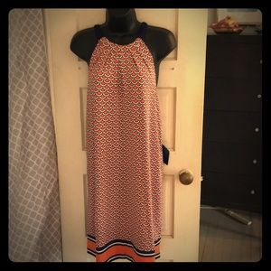 Fun orange/navy/white pattern dress.